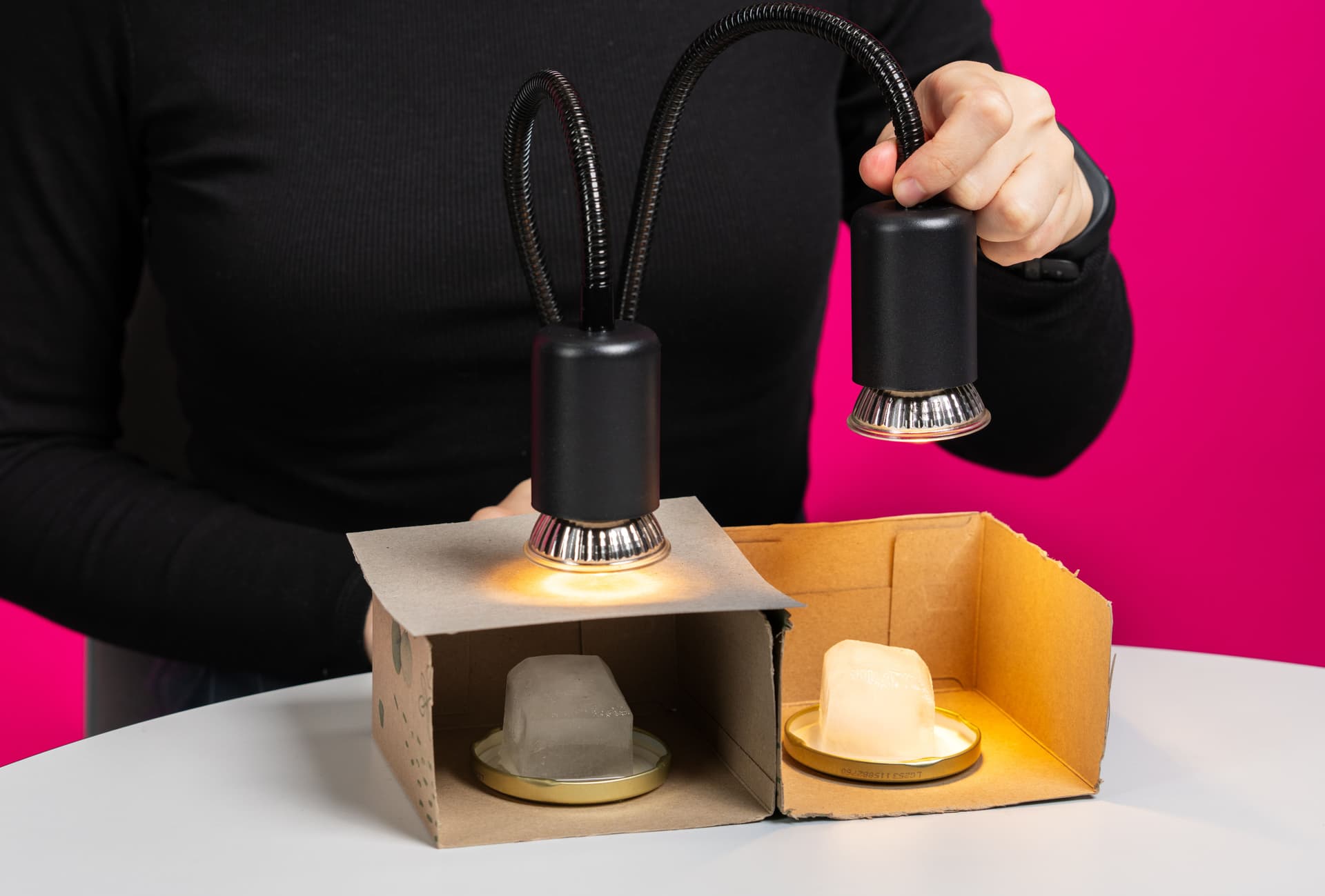 Eine Person hält zwei lampen über Eiswürfel in Pappkartons auf einem Tisch, der vor einem rosa Hintergrund steht.
