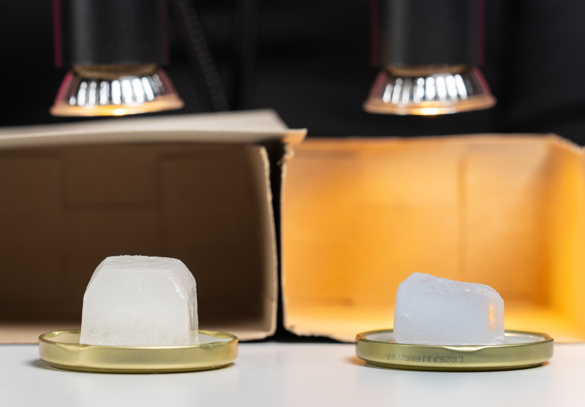 Zwei Eiswürfel liegen auf Metalldeckeln unter separaten Wärmelampen in Pappkartons und verdeutlichen den Aufbau eines Experiments.